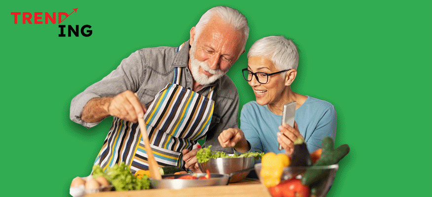 seniors making breakfast, enjoying, and older man carrying apples